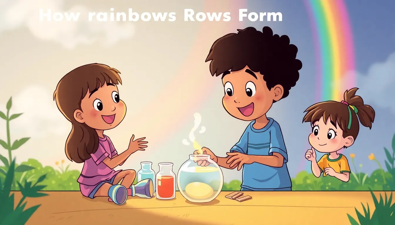 How Rainbows Form learning scene, How Rainbows Form experiment underway, curious kids collaborating, vivid storybook illustration for ages 5-7, lively characters, playful motion, text-free illustration with clean unmarked background, balanced composition, soft cinematic lighting, harmonious color palette, inviting and joyful mood