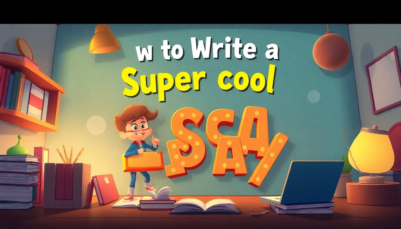 How to Write a Super cool Essay learning scene, How to Write a Super cool Essay language arts activity, playful letters and words, dynamic adventure illustration for ages 8-10, engaging detail, upbeat energy, text-free illustration with clean unmarked background, balanced composition, soft cinematic lighting, harmonious color palette, inviting and joyful mood