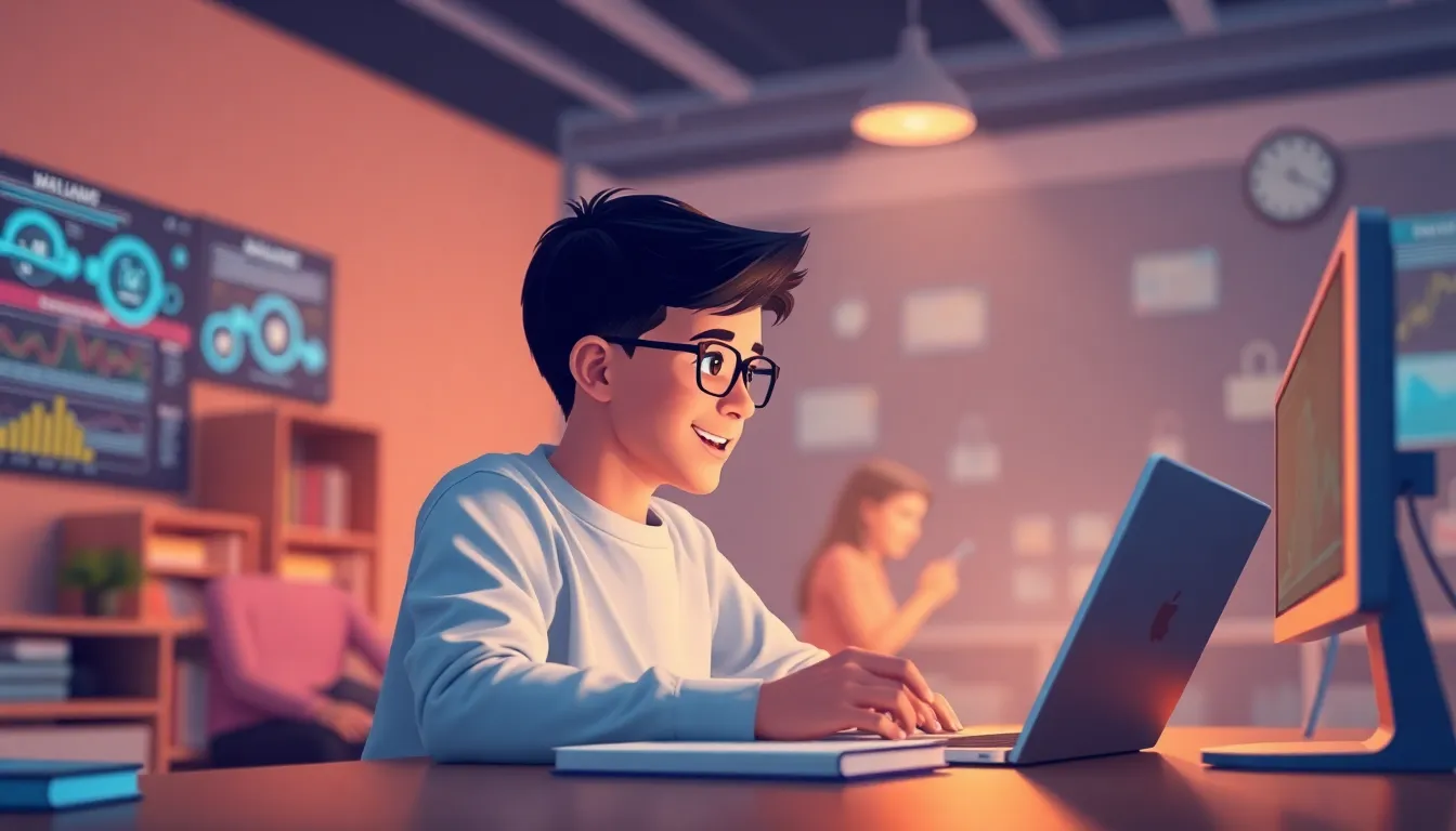 Introduction to Machine Learning learning scene, Introduction to Machine Learning tech exploration, bright screens and curiosity, clean infographic-inspired illustration for ages 14-16, contemporary and polished, text-free illustration with clean unmarked background, balanced composition, soft cinematic lighting, harmonious color palette, inviting and joyful mood
