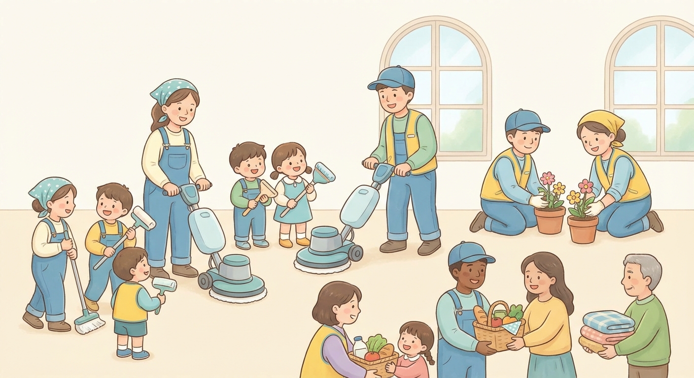 Janitors learning scene, Janitors community scene, neighbors helping each other, gentle pastel illustration designed for ages 3-4, rounded shapes, caring expressions, text-free illustration with clean unmarked background, balanced composition, soft cinematic lighting, harmonious color palette, inviting and joyful mood