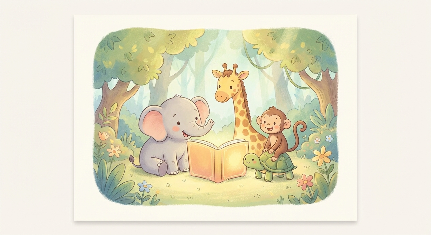 Jungle Animals learning scene, Jungle Animals animals discovering together, joyful storybook moment, gentle pastel illustration designed for ages 3-4, rounded shapes, caring expressions, text-free illustration with clean unmarked background, balanced composition, soft cinematic lighting, harmonious color palette, inviting and joyful mood