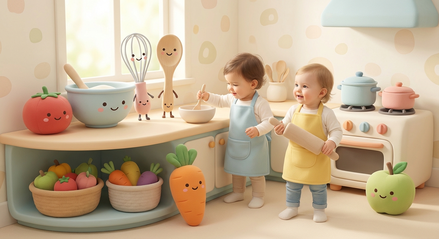 Kitchen Tools Fun Food Friends learning scene, Kitchen Tools Fun Food Friends kitchen scene, delicious ingredients being prepared, gentle pastel illustration designed for ages 3-4, rounded shapes, caring expressions, text-free illustration with clean unmarked background, balanced composition, soft cinematic lighting, harmonious color palette, inviting and joyful mood