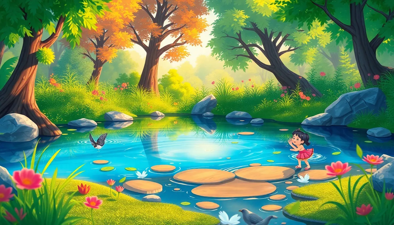 Lakes Nature s Shiny Puddles learning scene, Lakes Nature s Shiny Puddles scene in vibrant nature, lush and lively surroundings, vivid storybook illustration for ages 5-7, lively characters, playful motion, text-free illustration with clean unmarked background, balanced composition, soft cinematic lighting, harmonious color palette, inviting and joyful mood