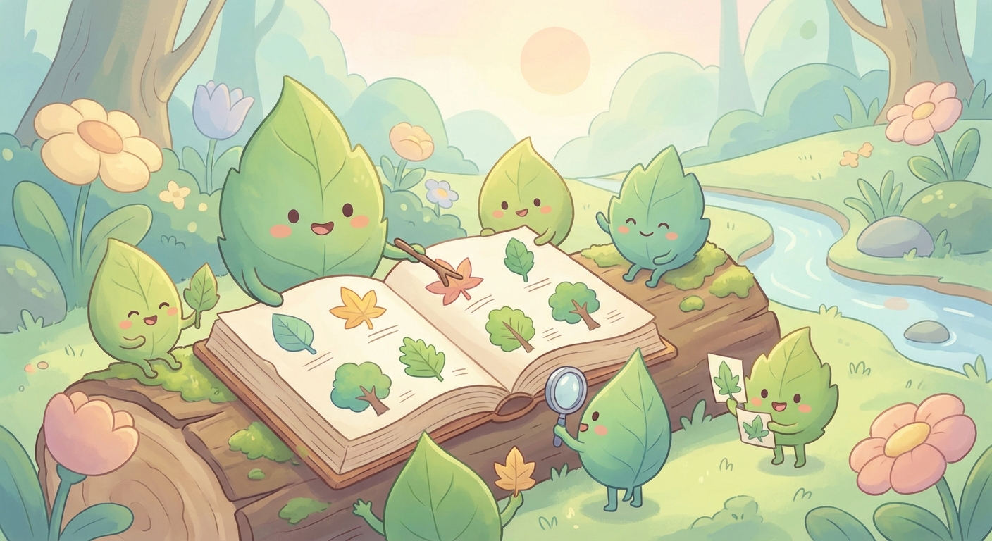 Leaves learning scene, Leaves scene in vibrant nature, lush and lively surroundings, gentle pastel illustration designed for ages 3-4, rounded shapes, caring expressions, text-free illustration with clean unmarked background, balanced composition, soft cinematic lighting, harmonious color palette, inviting and joyful mood
