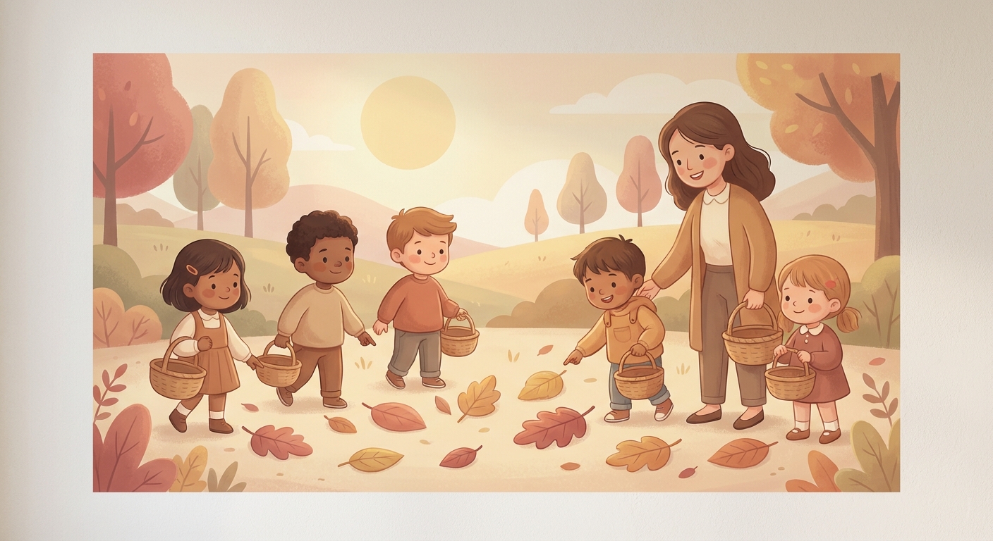 Let s Collect Leaves learning scene, Let s Collect Leaves learning scene filled with curiosity and joy, gentle pastel illustration designed for ages 3-4, rounded shapes, caring expressions, text-free illustration with clean unmarked background, balanced composition, soft cinematic lighting, harmonious color palette, inviting and joyful mood