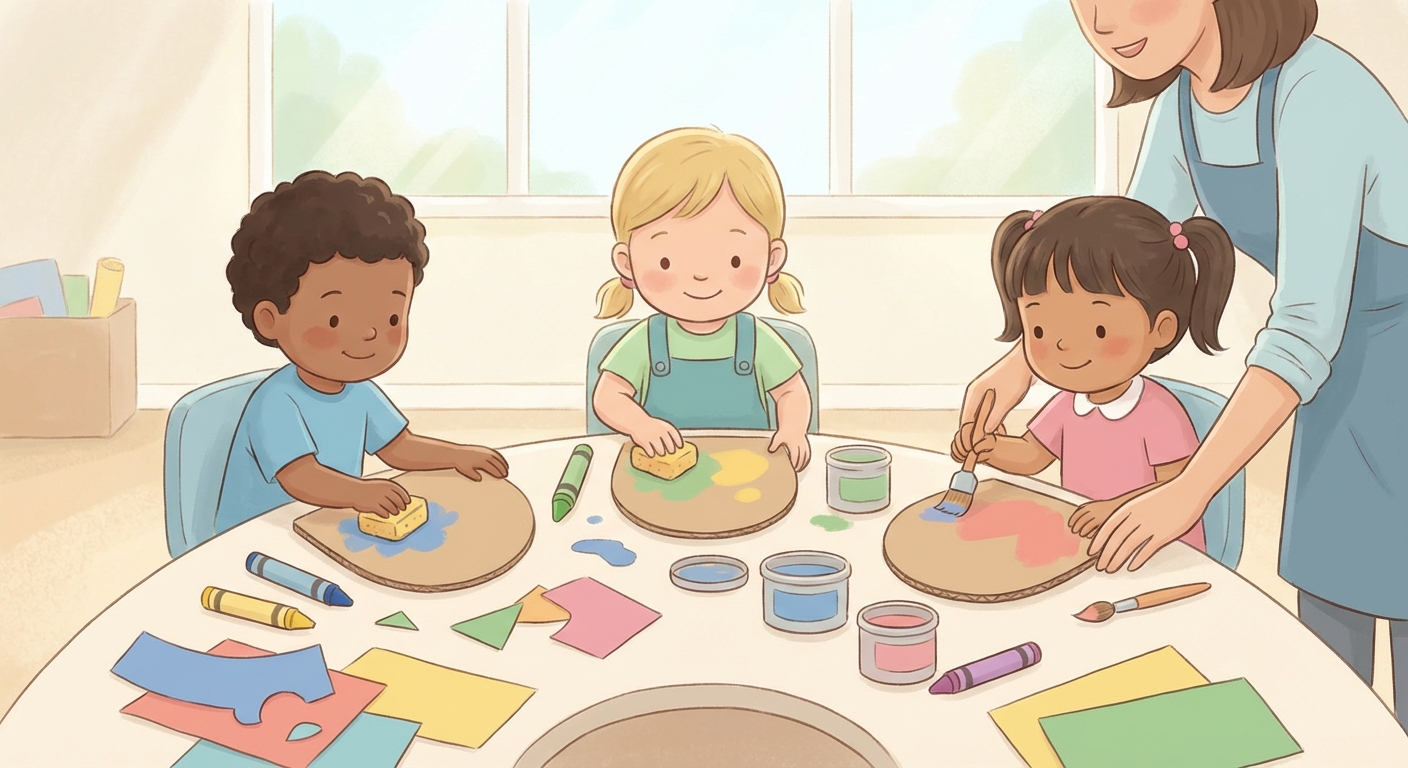 Let s Decorate with Color learning scene, Let s Decorate with Color art activity, colorful studio energy and creativity, gentle pastel illustration designed for ages 3-4, rounded shapes, caring expressions, text-free illustration with clean unmarked background, balanced composition, soft cinematic lighting, harmonious color palette, inviting and joyful mood