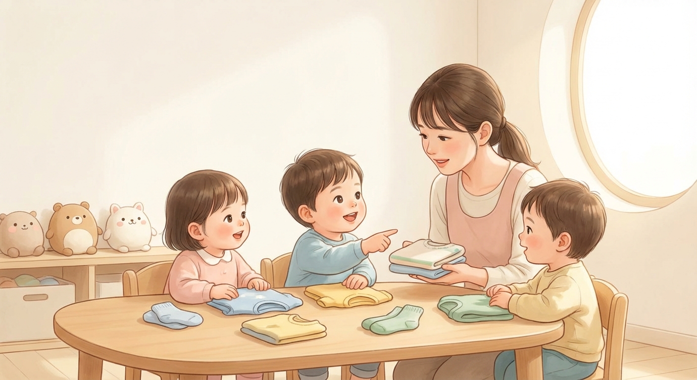 Let s Fold Our Clothes learning scene, Let s Fold Our Clothes learning scene filled with curiosity and joy, gentle pastel illustration designed for ages 3-4, rounded shapes, caring expressions, text-free illustration with clean unmarked background, balanced composition, soft cinematic lighting, harmonious color palette, inviting and joyful mood