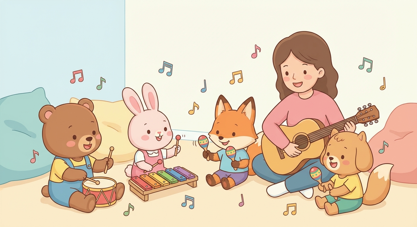 Let s Move to Music learning scene, Let s Move to Music music jam session, cheerful instruments and rhythm, gentle pastel illustration designed for ages 3-4, rounded shapes, caring expressions, text-free illustration with clean unmarked background, balanced composition, soft cinematic lighting, harmonious color palette, inviting and joyful mood