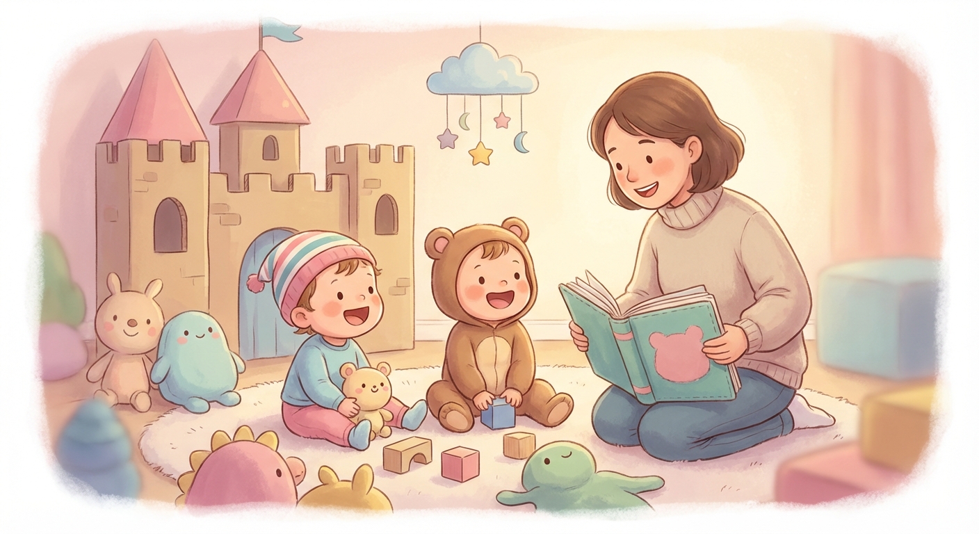 Let s Play Make believe learning scene, Let s Play Make believe learning scene filled with curiosity and joy, gentle pastel illustration designed for ages 3-4, rounded shapes, caring expressions, text-free illustration with clean unmarked background, balanced composition, soft cinematic lighting, harmonious color palette, inviting and joyful mood