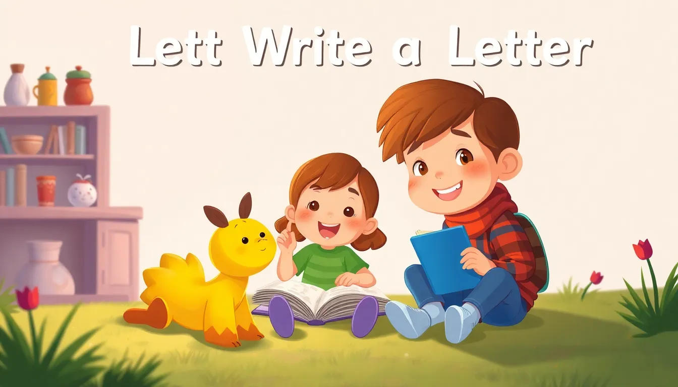 Let s Write a Letter learning scene, Let s Write a Letter learning scene filled with curiosity and joy, vivid storybook illustration for ages 5-7, lively characters, playful motion, text-free illustration with clean unmarked background, balanced composition, soft cinematic lighting, harmonious color palette, inviting and joyful mood