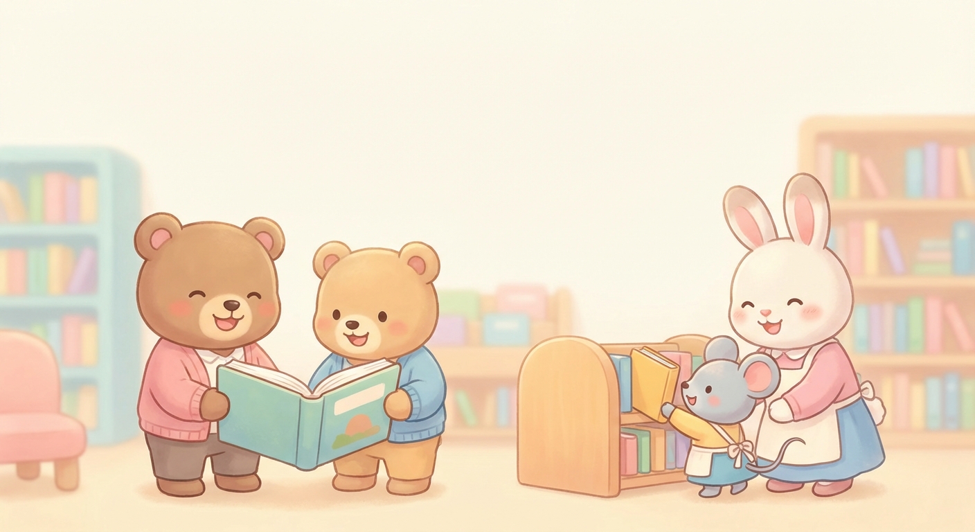 Librarians learning scene, Librarians community scene, neighbors helping each other, gentle pastel illustration designed for ages 3-4, rounded shapes, caring expressions, text-free illustration with clean unmarked background, balanced composition, soft cinematic lighting, harmonious color palette, inviting and joyful mood