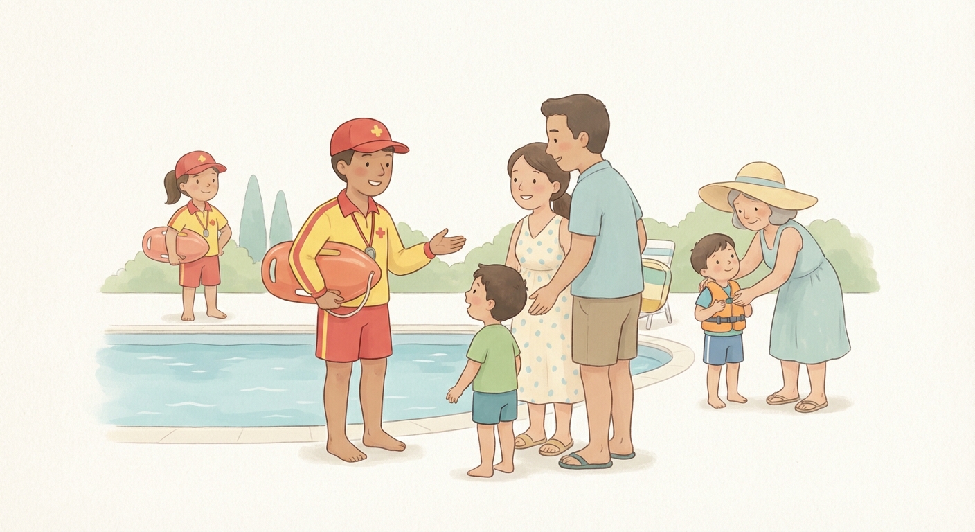 Lifeguards in Our Community learning scene, Lifeguards in Our Community community scene, neighbors helping each other, gentle pastel illustration designed for ages 3-4, rounded shapes, caring expressions, text-free illustration with clean unmarked background, balanced composition, soft cinematic lighting, harmonious color palette, inviting and joyful mood