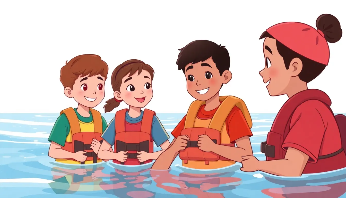 Lifeguards in Our Community learning scene, Lifeguards in Our Community community scene, neighbors helping each other, gentle pastel illustration designed for ages 3-4, rounded shapes, caring expressions, text-free illustration with clean unmarked background, balanced composition, soft cinematic lighting, harmonious color palette, inviting and joyful mood