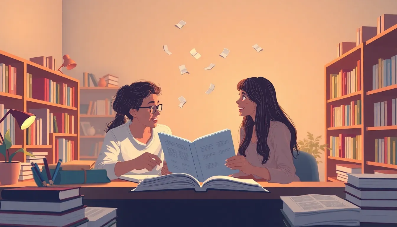 Literary Theory learning scene, Literary Theory learning scene filled with curiosity and joy, clean infographic-inspired illustration for ages 14-16, contemporary and polished, text-free illustration with clean unmarked background, balanced composition, soft cinematic lighting, harmonious color palette, inviting and joyful mood