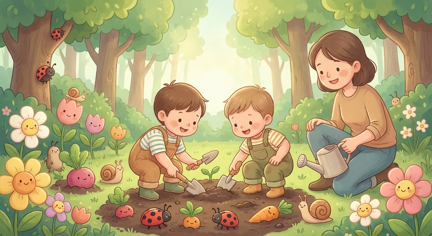 Little Adventures with Dirt learning scene, Little Adventures with Dirt scene in vibrant nature, lush and lively surroundings, gentle pastel illustration designed for ages 3-4, rounded shapes, caring expressions, text-free illustration with clean unmarked background, balanced composition, soft cinematic lighting, harmonious color palette, inviting and joyful mood