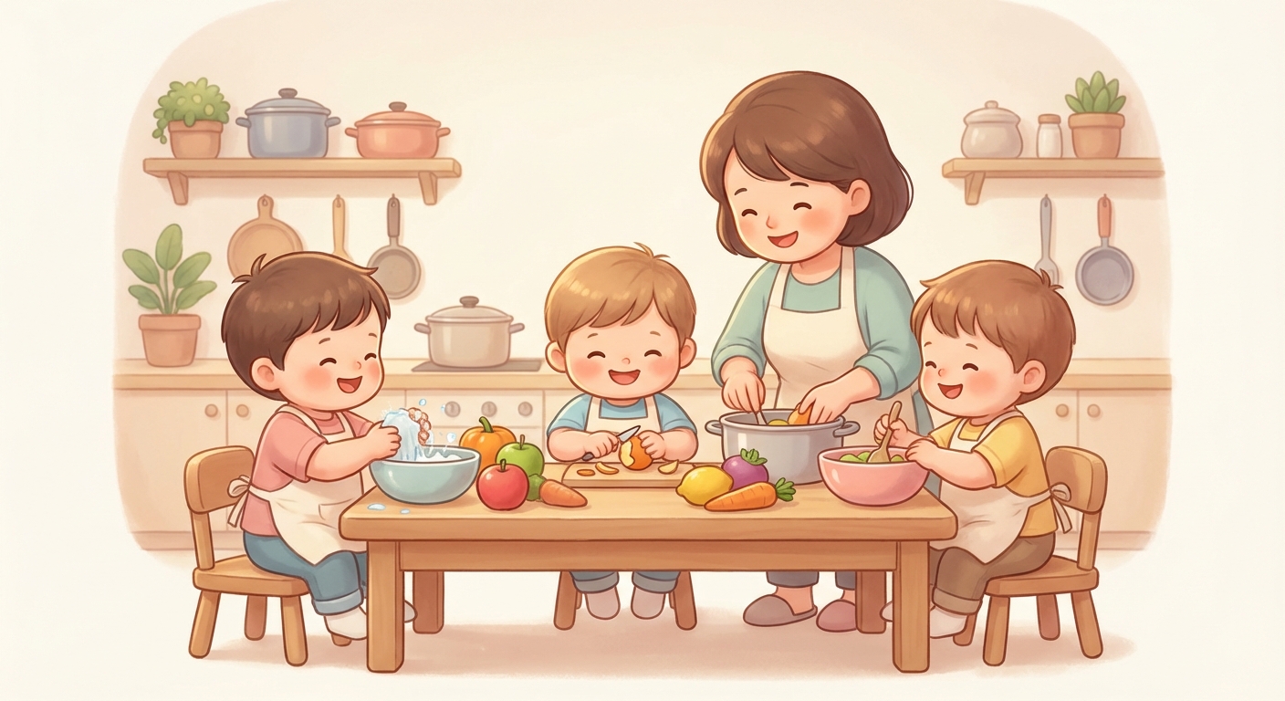 Little Kitchen Helpers learning scene, Little Kitchen Helpers kitchen scene, delicious ingredients being prepared, gentle pastel illustration designed for ages 3-4, rounded shapes, caring expressions, text-free illustration with clean unmarked background, balanced composition, soft cinematic lighting, harmonious color palette, inviting and joyful mood