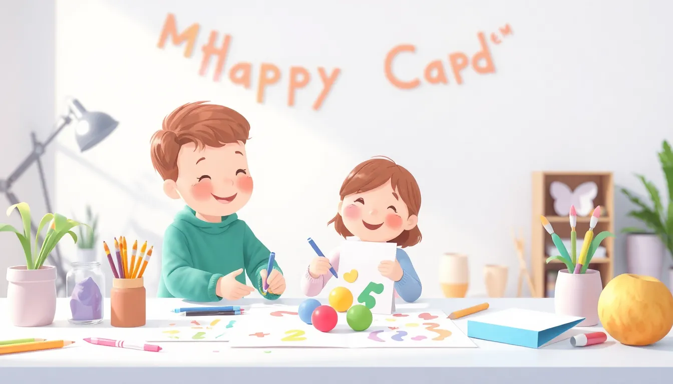 Make a Happy Card learning scene, Make a Happy Card art activity, colorful studio energy and creativity, gentle pastel illustration designed for ages 3-4, rounded shapes, caring expressions, text-free illustration with clean unmarked background, balanced composition, soft cinematic lighting, harmonious color palette, inviting and joyful mood