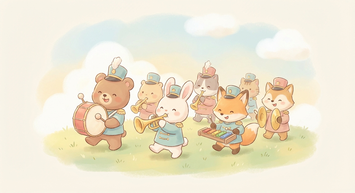 Marching Music Fun learning scene, Marching Music Fun music jam session, cheerful instruments and rhythm, gentle pastel illustration designed for ages 3-4, rounded shapes, caring expressions, text-free illustration with clean unmarked background, balanced composition, soft cinematic lighting, harmonious color palette, inviting and joyful mood
