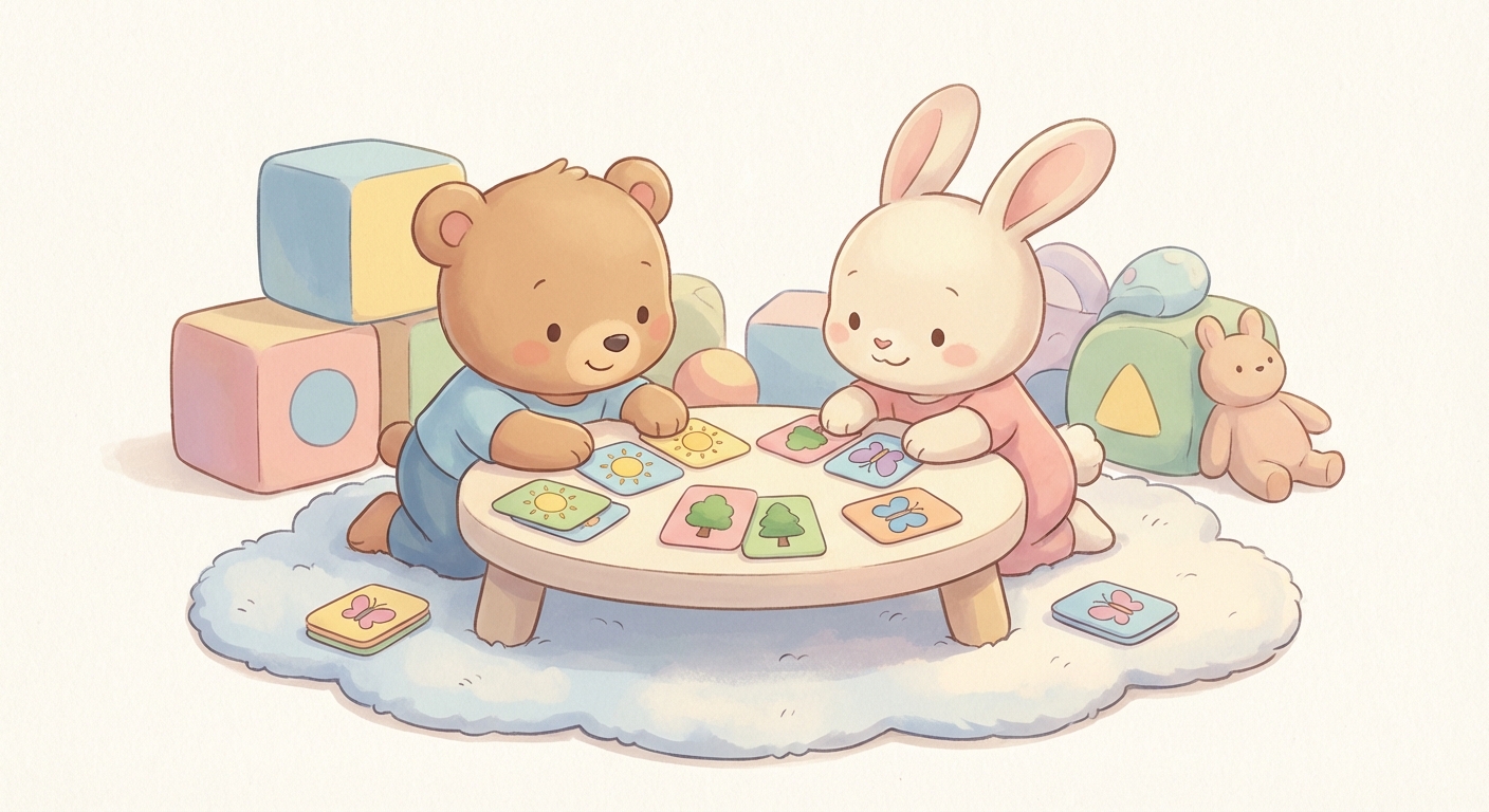 Matching learning scene, Matching learning scene filled with curiosity and joy, gentle pastel illustration designed for ages 3-4, rounded shapes, caring expressions, text-free illustration with clean unmarked background, balanced composition, soft cinematic lighting, harmonious color palette, inviting and joyful mood
