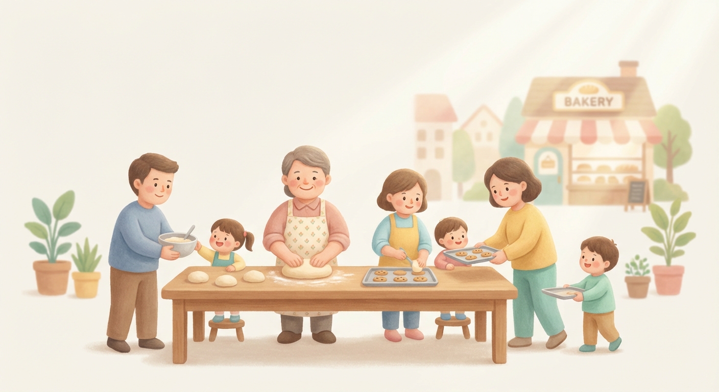 Meet the Baker learning scene, Meet the Baker community scene, neighbors helping each other, gentle pastel illustration designed for ages 3-4, rounded shapes, caring expressions, text-free illustration with clean unmarked background, balanced composition, soft cinematic lighting, harmonious color palette, inviting and joyful mood