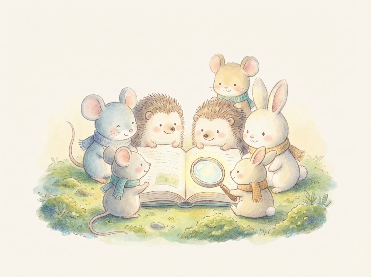 Mighty Little Mice learning scene, Mighty Little Mice animals discovering together, joyful storybook moment, gentle pastel illustration designed for ages 3-4, rounded shapes, caring expressions, text-free illustration with clean unmarked background, balanced composition, soft cinematic lighting, harmonious color palette, inviting and joyful mood