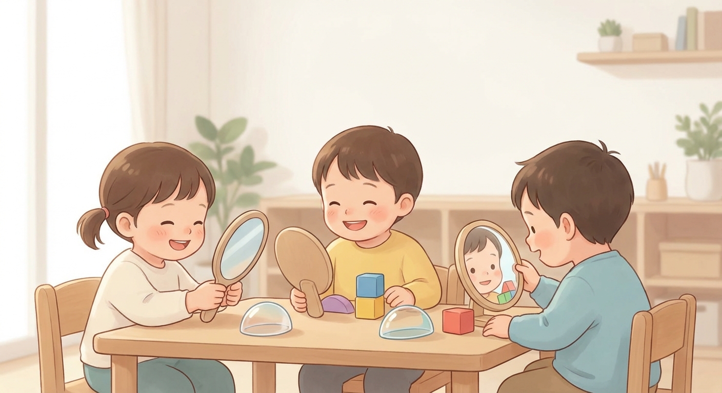 Mirror Magic learning scene, Mirror Magic experiment underway, curious kids collaborating, gentle pastel illustration designed for ages 3-4, rounded shapes, caring expressions, text-free illustration with clean unmarked background, balanced composition, soft cinematic lighting, harmonious color palette, inviting and joyful mood