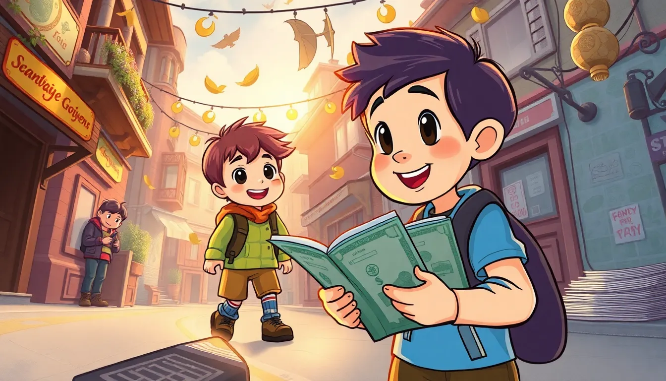 Money Around the World A Kid s Guide to Currencies learning scene, Money Around the World A Kid s Guide to Currencies learning scene filled with curiosity and joy, dynamic adventure illustration for ages 8-10, engaging detail, upbeat energy, text-free illustration with clean unmarked background, balanced composition, soft cinematic lighting, harmonious color palette, inviting and joyful mood