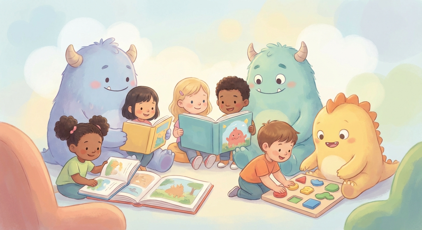 Monster Stories for Little Explorers learning scene, Monster Stories for Little Explorers learning scene filled with curiosity and joy, gentle pastel illustration designed for ages 3-4, rounded shapes, caring expressions, text-free illustration with clean unmarked background, balanced composition, soft cinematic lighting, harmonious color palette, inviting and joyful mood