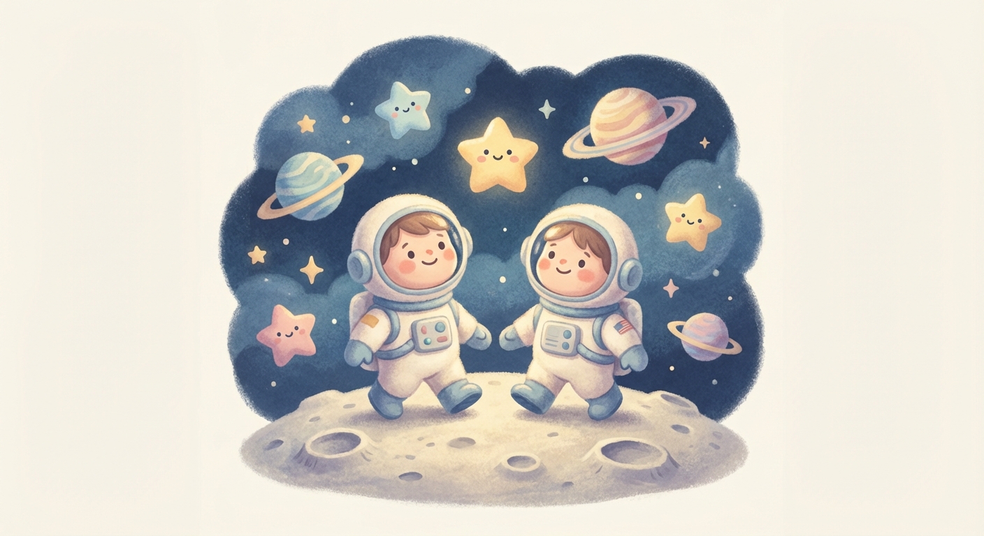 Moon Walk Adventure learning scene, Moon Walk Adventure space adventure, stars and planets inspiring wonder, gentle pastel illustration designed for ages 3-4, rounded shapes, caring expressions, text-free illustration with clean unmarked background, balanced composition, soft cinematic lighting, harmonious color palette, inviting and joyful mood