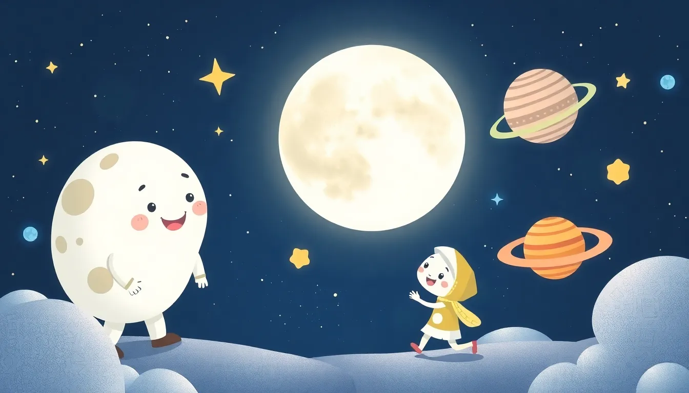 Moon Walk Adventure learning scene, Moon Walk Adventure space adventure, stars and planets inspiring wonder, gentle pastel illustration designed for ages 3-4, rounded shapes, caring expressions, text-free illustration with clean unmarked background, balanced composition, soft cinematic lighting, harmonious color palette, inviting and joyful mood