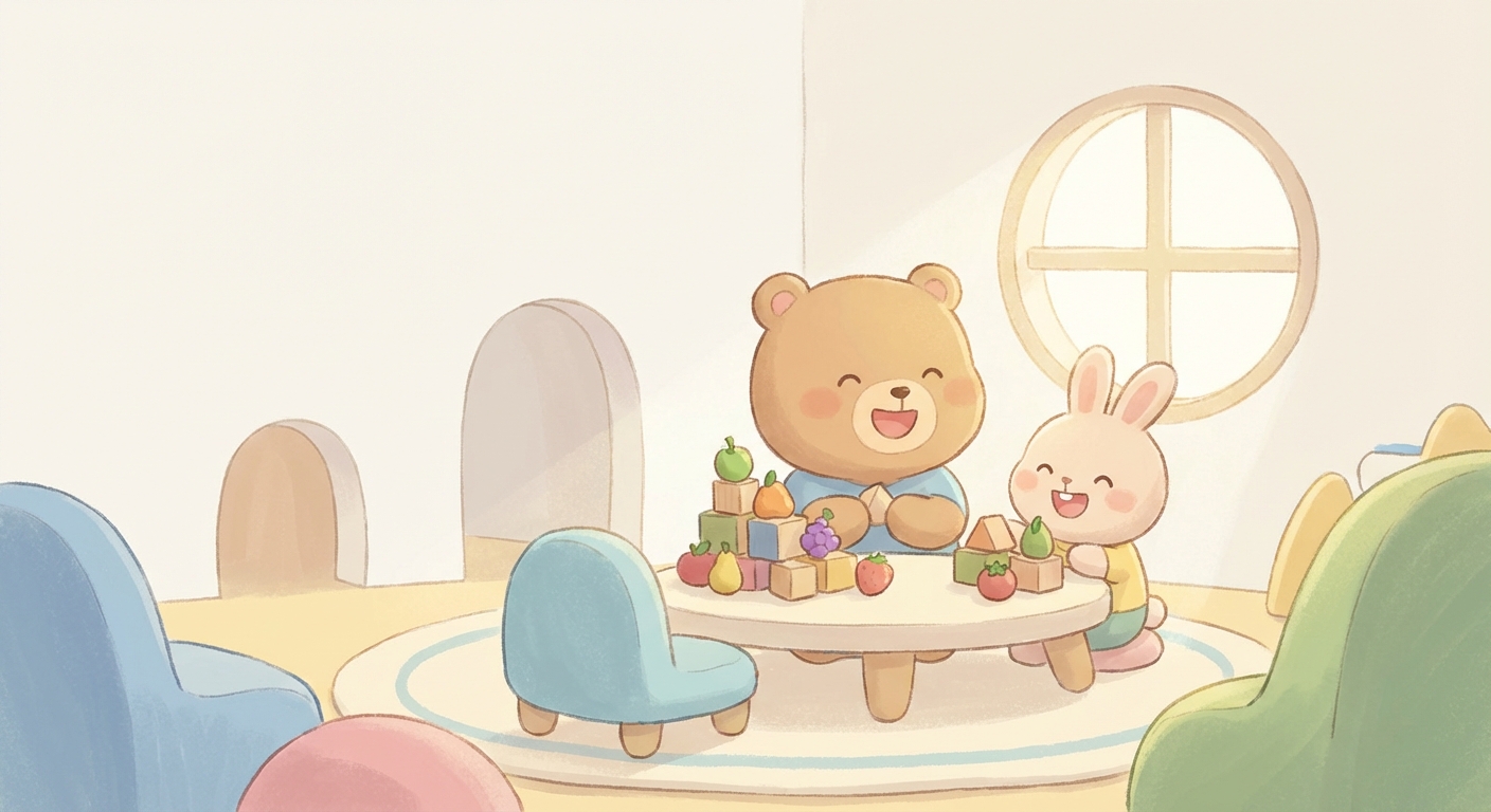 More and Less learning scene, More and Less learning scene filled with curiosity and joy, gentle pastel illustration designed for ages 3-4, rounded shapes, caring expressions, text-free illustration with clean unmarked background, balanced composition, soft cinematic lighting, harmonious color palette, inviting and joyful mood