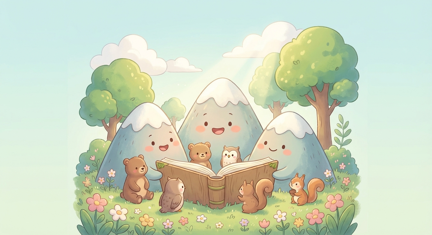 Mountains learning scene, Mountains scene in vibrant nature, lush and lively surroundings, gentle pastel illustration designed for ages 3-4, rounded shapes, caring expressions, text-free illustration with clean unmarked background, balanced composition, soft cinematic lighting, harmonious color palette, inviting and joyful mood