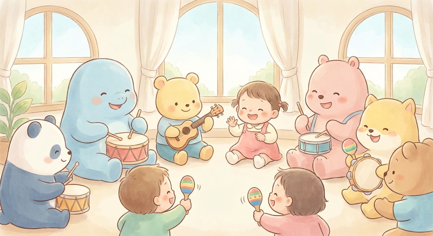 Move and Groove with Music learning scene, Move and Groove with Music music jam session, cheerful instruments and rhythm, gentle pastel illustration designed for ages 3-4, rounded shapes, caring expressions, text-free illustration with clean unmarked background, balanced composition, soft cinematic lighting, harmonious color palette, inviting and joyful mood