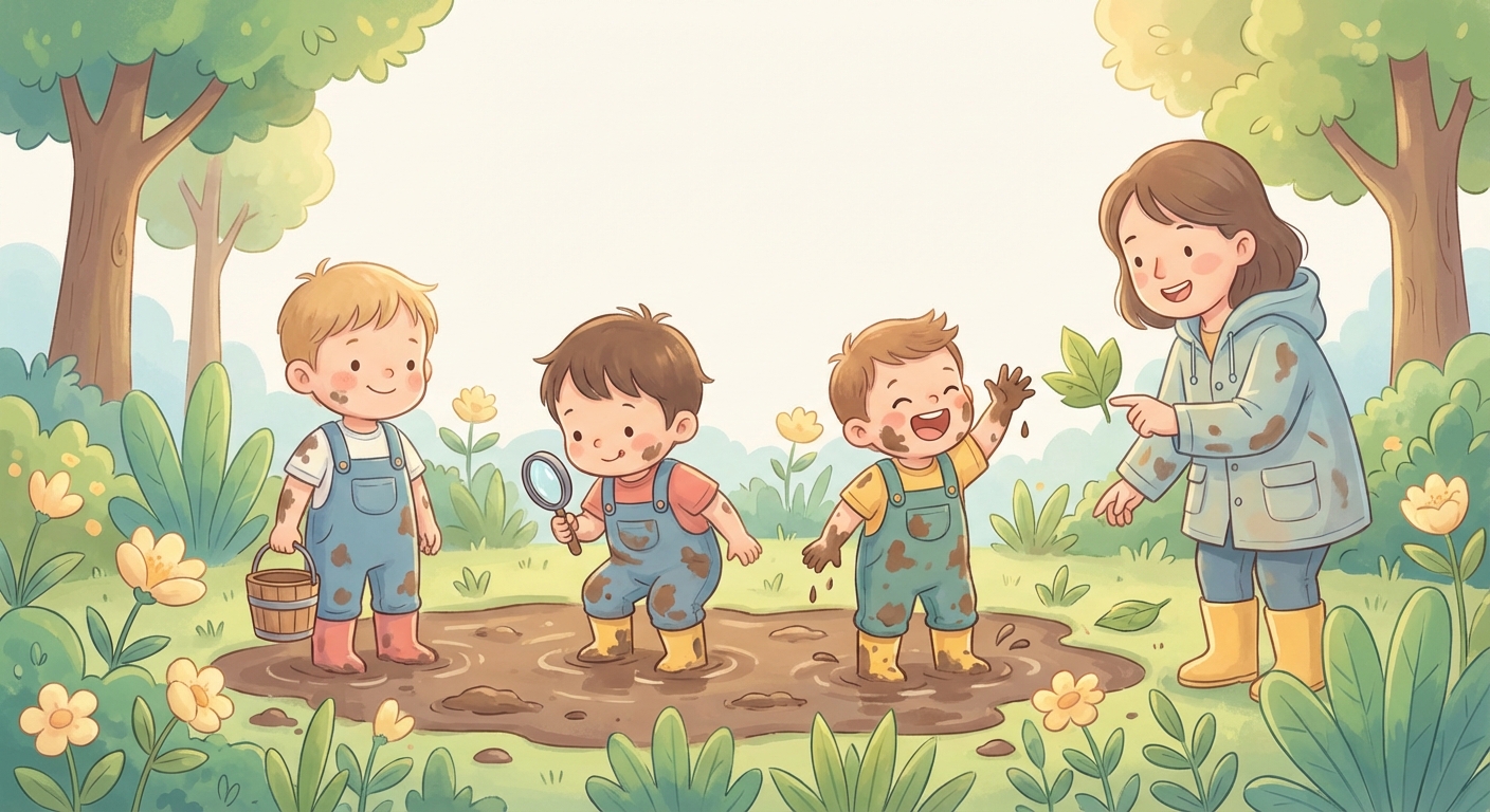 Muddy Fun in Nature learning scene, Muddy Fun in Nature scene in vibrant nature, lush and lively surroundings, gentle pastel illustration designed for ages 3-4, rounded shapes, caring expressions, text-free illustration with clean unmarked background, balanced composition, soft cinematic lighting, harmonious color palette, inviting and joyful mood