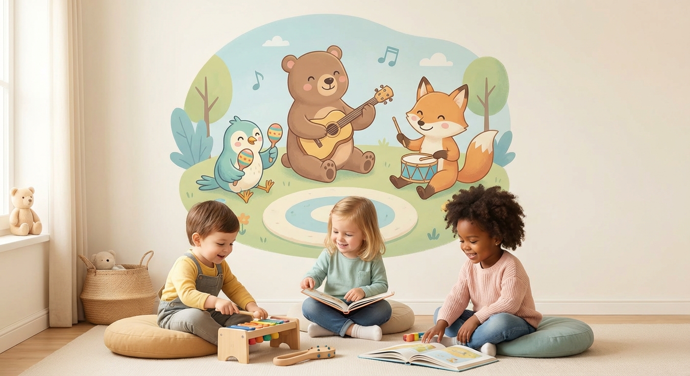 Music and Stories learning scene, Music and Stories music jam session, cheerful instruments and rhythm, gentle pastel illustration designed for ages 3-4, rounded shapes, caring expressions, text-free illustration with clean unmarked background, balanced composition, soft cinematic lighting, harmonious color palette, inviting and joyful mood