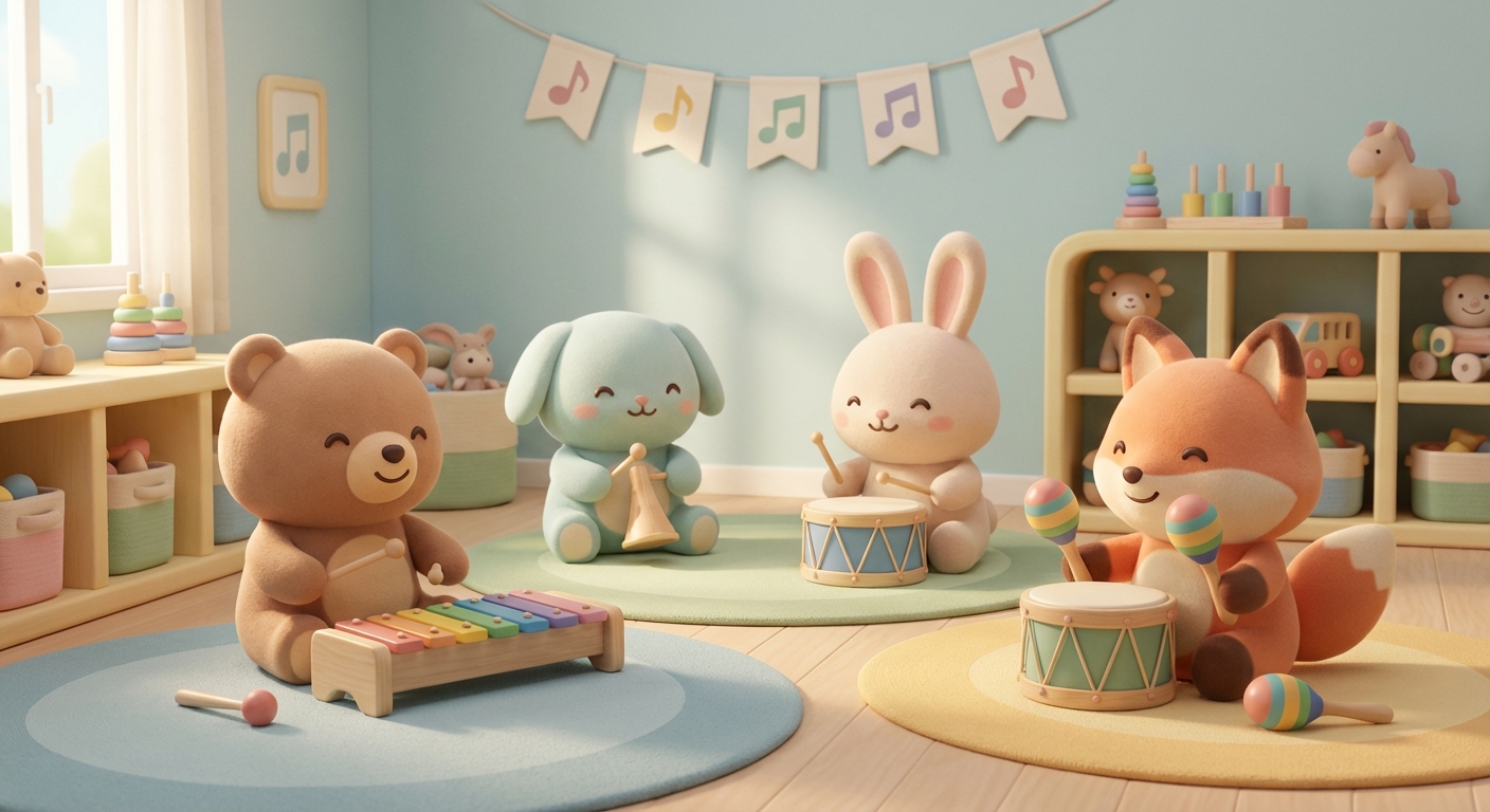 Musical Toys Are Fun learning scene, Musical Toys Are Fun learning scene filled with curiosity and joy, gentle pastel illustration designed for ages 3-4, rounded shapes, caring expressions, text-free illustration with clean unmarked background, balanced composition, soft cinematic lighting, harmonious color palette, inviting and joyful mood