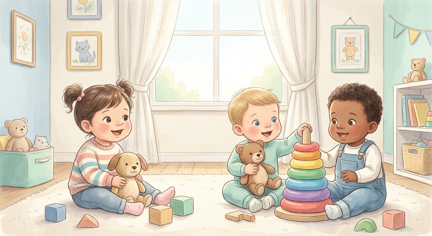 My Favorite Toy learning scene, My Favorite Toy learning scene filled with curiosity and joy, gentle pastel illustration designed for ages 3-4, rounded shapes, caring expressions, text-free illustration with clean unmarked background, balanced composition, soft cinematic lighting, harmonious color palette, inviting and joyful mood