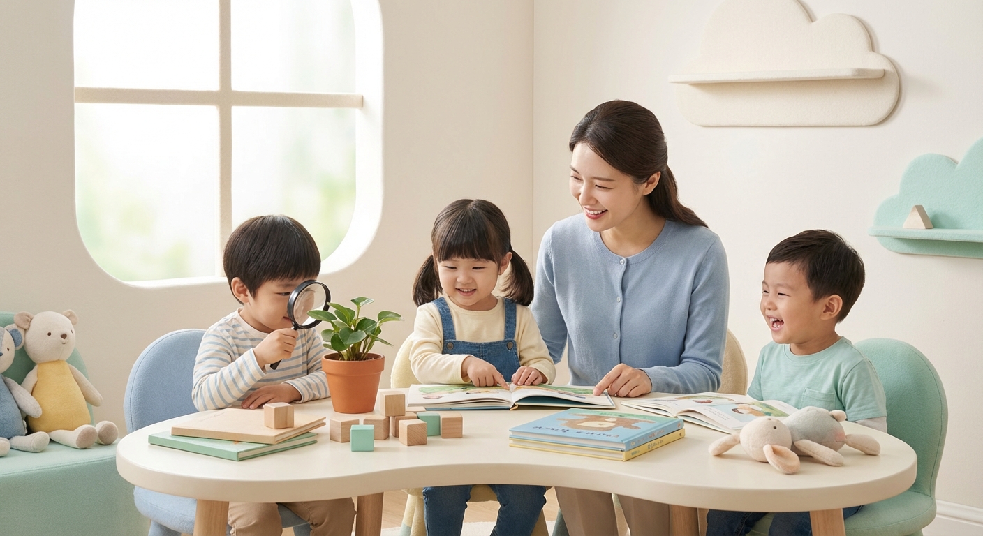 My First School Story learning scene, My First School Story learning scene filled with curiosity and joy, gentle pastel illustration designed for ages 3-4, rounded shapes, caring expressions, text-free illustration with clean unmarked background, balanced composition, soft cinematic lighting, harmonious color palette, inviting and joyful mood