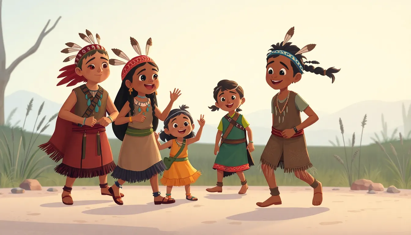 Native Americans the First People of America learning scene, Native Americans the First People of America historical moment reimagined with enthusiasm, vivid storybook illustration for ages 5-7, lively characters, playful motion, text-free illustration with clean unmarked background, balanced composition, soft cinematic lighting, harmonious color palette, inviting and joyful mood