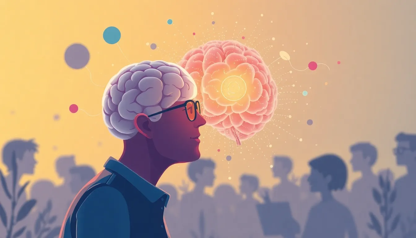 Neuropsychology How the Brain Powers Thoughts Feelings and Actions learning scene, Neuropsychology How the Brain Powers Thoughts Feelings and Actions learning scene filled with curiosity and joy, clean infographic-inspired illustration for ages 14-16, contemporary and polished, text-free illustration with clean unmarked background, balanced composition, soft cinematic lighting, harmonious color palette, inviting and joyful mood