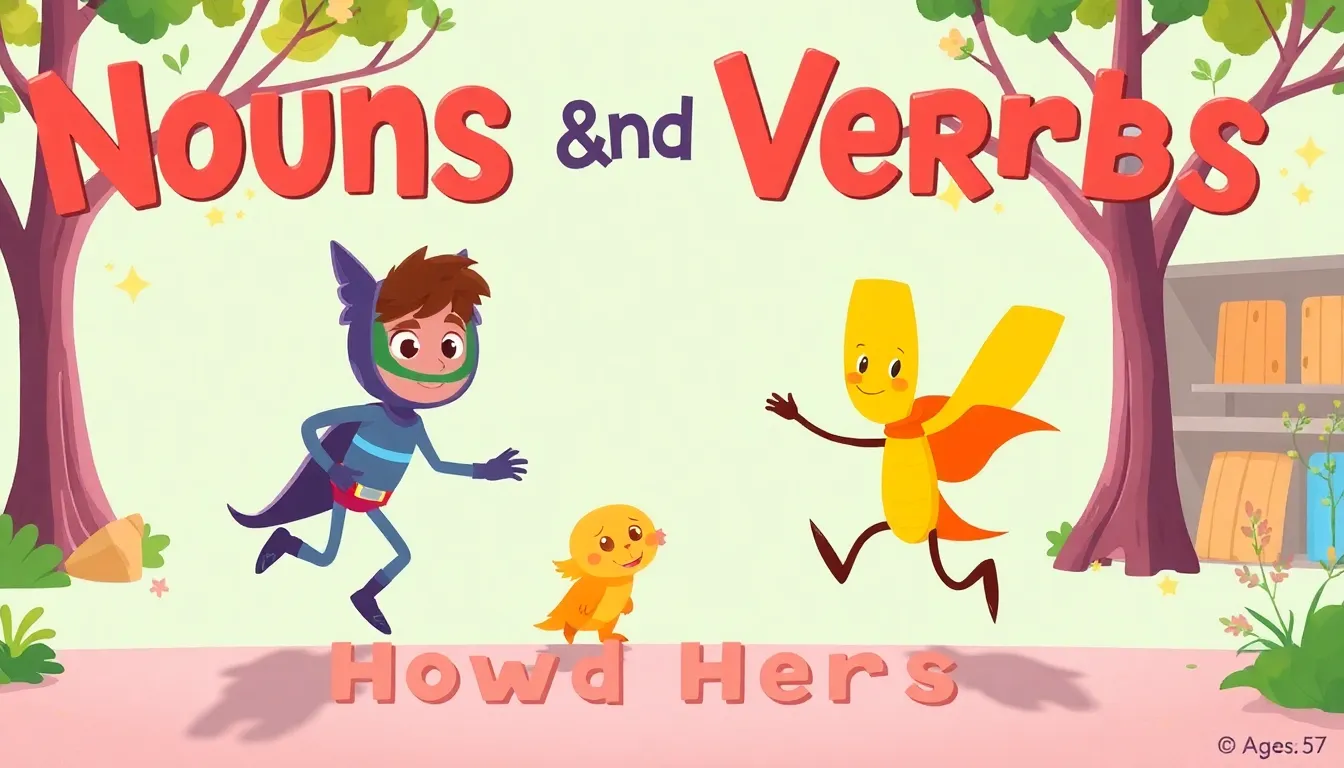 Nouns and Verbs the Word Heroes learning scene, Nouns and Verbs the Word Heroes language arts activity, playful letters and words, vivid storybook illustration for ages 5-7, lively characters, playful motion, text-free illustration with clean unmarked background, balanced composition, soft cinematic lighting, harmonious color palette, inviting and joyful mood