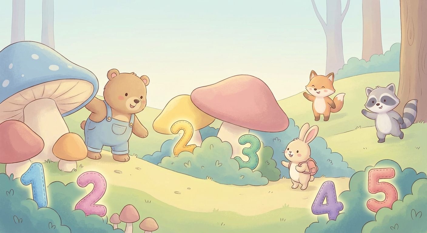 Number Hunt Adventure learning scene, Number Hunt Adventure learning scene filled with curiosity and joy, gentle pastel illustration designed for ages 3-4, rounded shapes, caring expressions, text-free illustration with clean unmarked background, balanced composition, soft cinematic lighting, harmonious color palette, inviting and joyful mood
