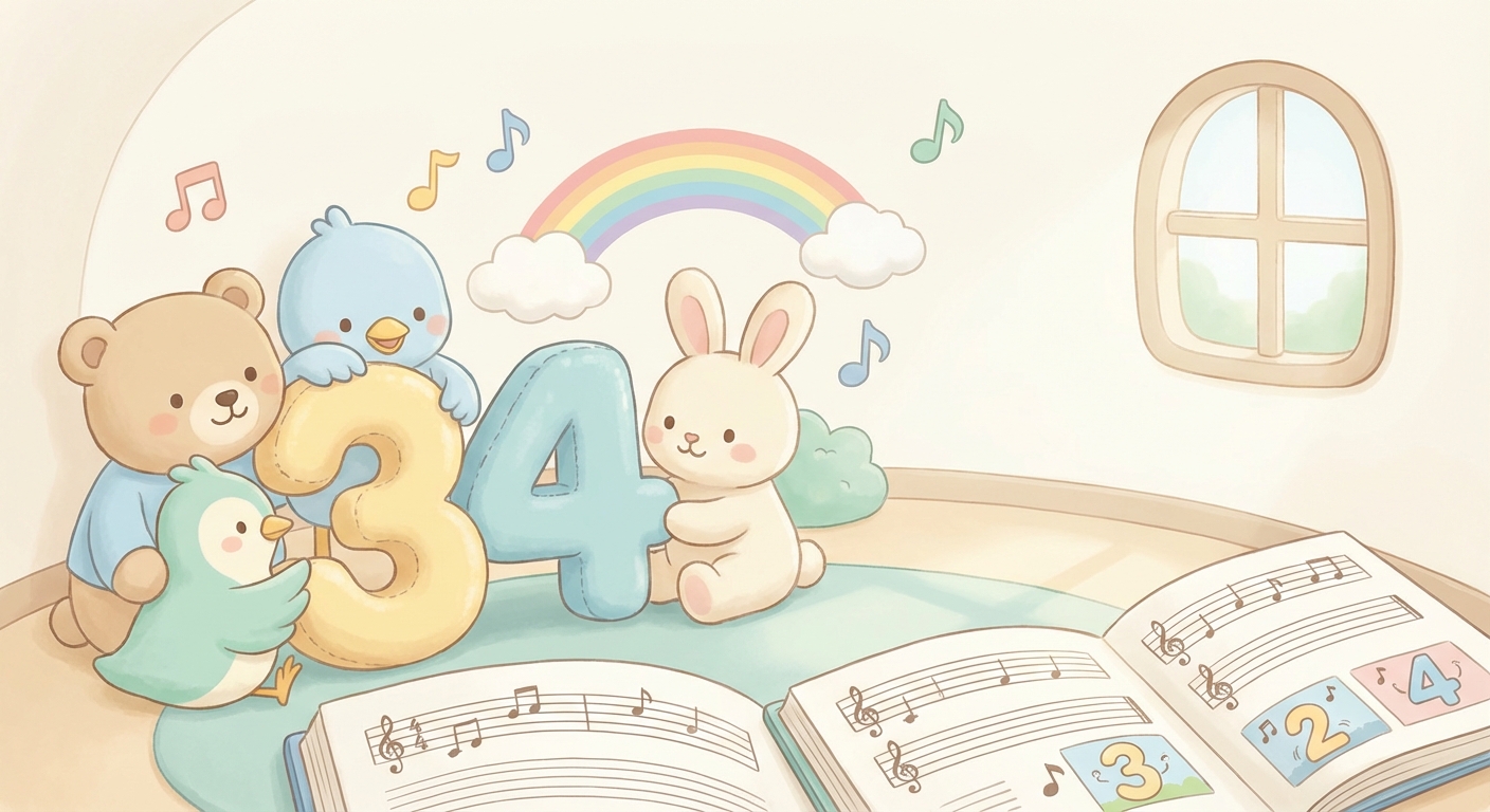 Number Songs learning scene, Number Songs learning scene filled with curiosity and joy, gentle pastel illustration designed for ages 3-4, rounded shapes, caring expressions, text-free illustration with clean unmarked background, balanced composition, soft cinematic lighting, harmonious color palette, inviting and joyful mood