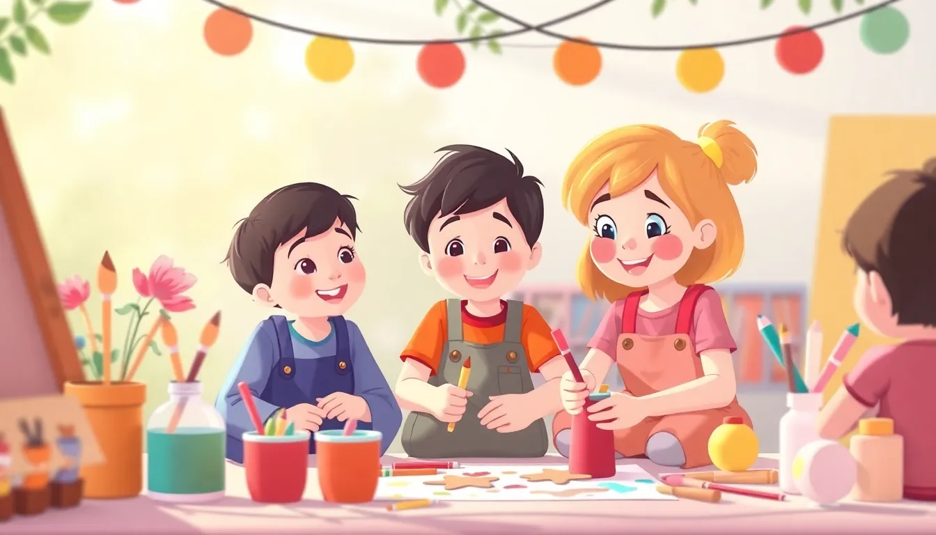 Outdoor Art Fun learning scene, Outdoor Art Fun art activity, colorful studio energy and creativity, gentle pastel illustration designed for ages 3-4, rounded shapes, caring expressions, text-free illustration with clean unmarked background, balanced composition, soft cinematic lighting, harmonious color palette, inviting and joyful mood