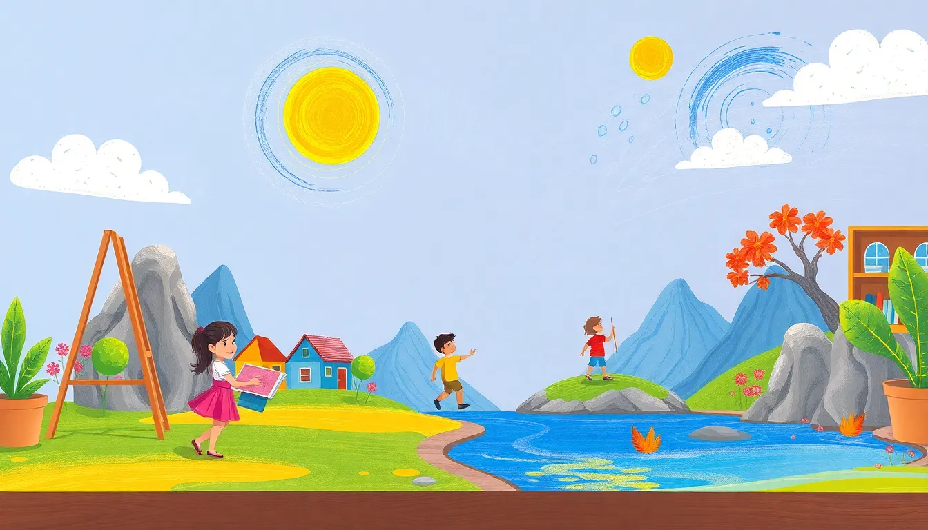 Paint the World Landscapes for Little Artists learning scene, Paint the World Landscapes for Little Artists art activity, colorful studio energy and creativity, vivid storybook illustration for ages 5-7, lively characters, playful motion, text-free illustration with clean unmarked background, balanced composition, soft cinematic lighting, harmonious color palette, inviting and joyful mood