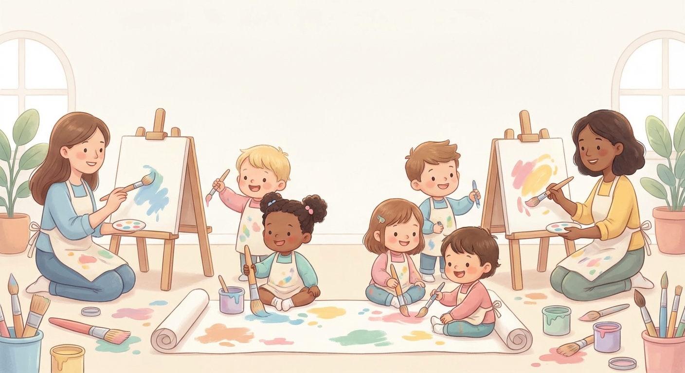 Painting Fun learning scene, Painting Fun art activity, colorful studio energy and creativity, gentle pastel illustration designed for ages 3-4, rounded shapes, caring expressions, text-free illustration with clean unmarked background, balanced composition, soft cinematic lighting, harmonious color palette, inviting and joyful mood