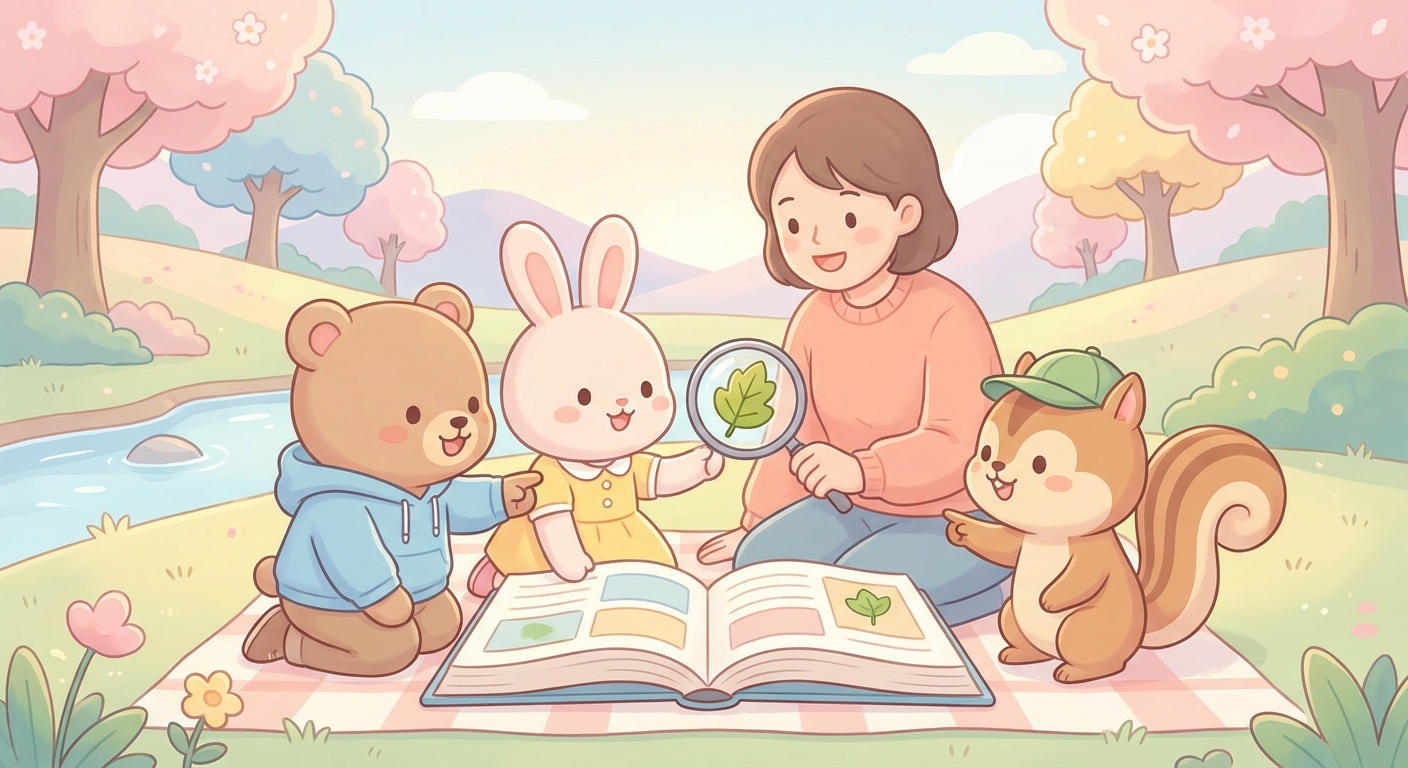 Park Adventure learning scene, Park Adventure learning scene filled with curiosity and joy, gentle pastel illustration designed for ages 3-4, rounded shapes, caring expressions, text-free illustration with clean unmarked background, balanced composition, soft cinematic lighting, harmonious color palette, inviting and joyful mood