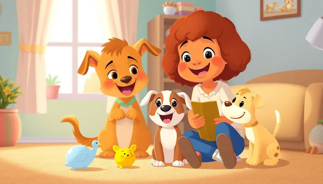 pets at Home learning scene, pets at Home animals discovering together, joyful storybook moment, vivid storybook illustration for ages 5-7, lively characters, playful motion, text-free illustration with clean unmarked background, balanced composition, soft cinematic lighting, harmonious color palette, inviting and joyful mood