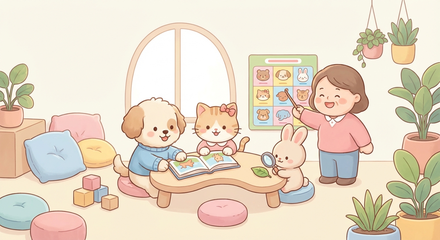 Pets at Home learning scene, Pets at Home learning scene filled with curiosity and joy, gentle pastel illustration designed for ages 3-4, rounded shapes, caring expressions, text-free illustration with clean unmarked background, balanced composition, soft cinematic lighting, harmonious color palette, inviting and joyful mood