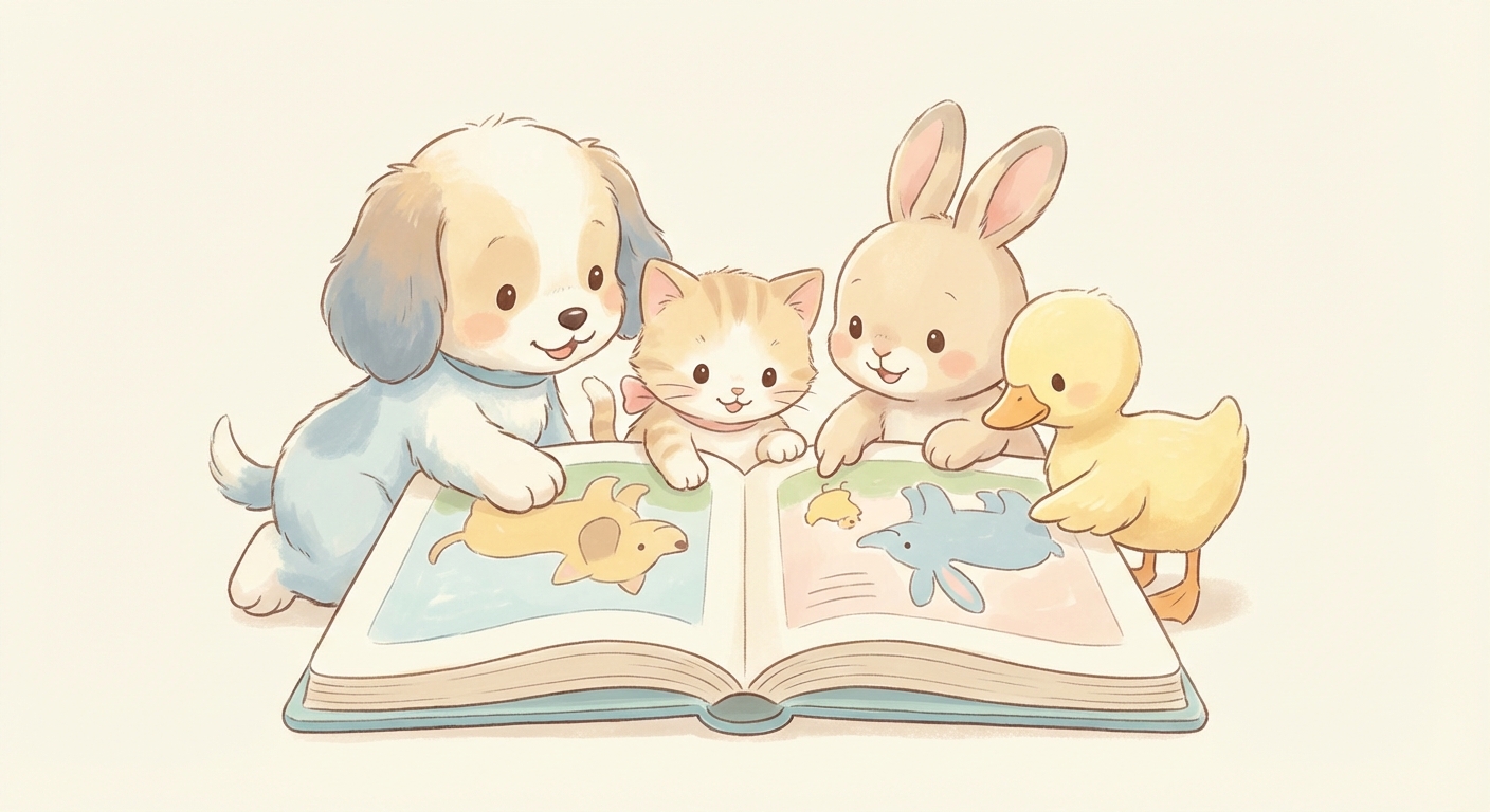 Pets learning scene, Pets animals discovering together, joyful storybook moment, gentle pastel illustration designed for ages 3-4, rounded shapes, caring expressions, text-free illustration with clean unmarked background, balanced composition, soft cinematic lighting, harmonious color palette, inviting and joyful mood